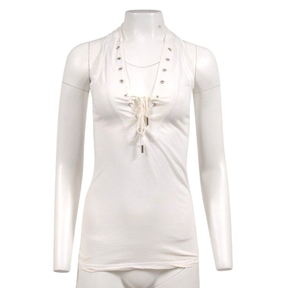 Dsquared2 Womens Lace Up Logo Deep V Neck Tank Top Small White Cotton Linen Y2k
